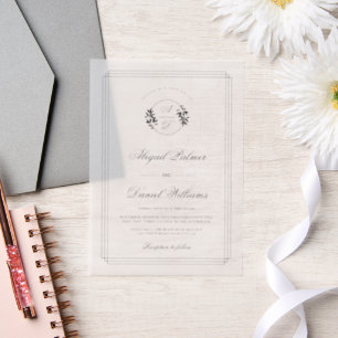Elegant black, white branch and initials wedding vellum invitations