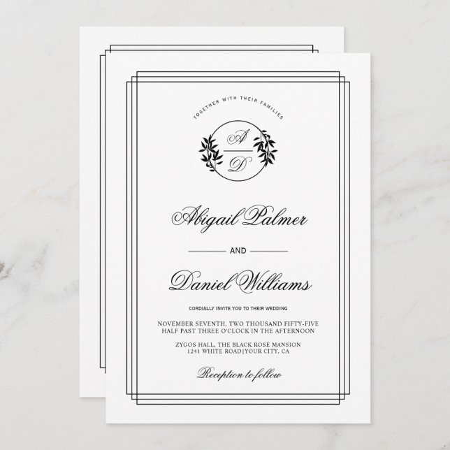 Elegant black, white branch and QR code wedding Invitation (Front/Back)