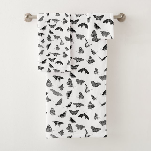 Elegant Black White Butterflies Bathroom Towel Set (Insitu)