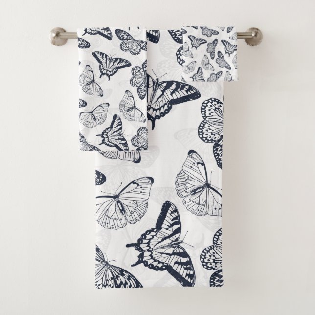 Elegant Black White Butterfly Design Bath Towel Set (Insitu)