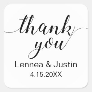 Elegant Black White Calligraphy Script Thank You Square Sticker