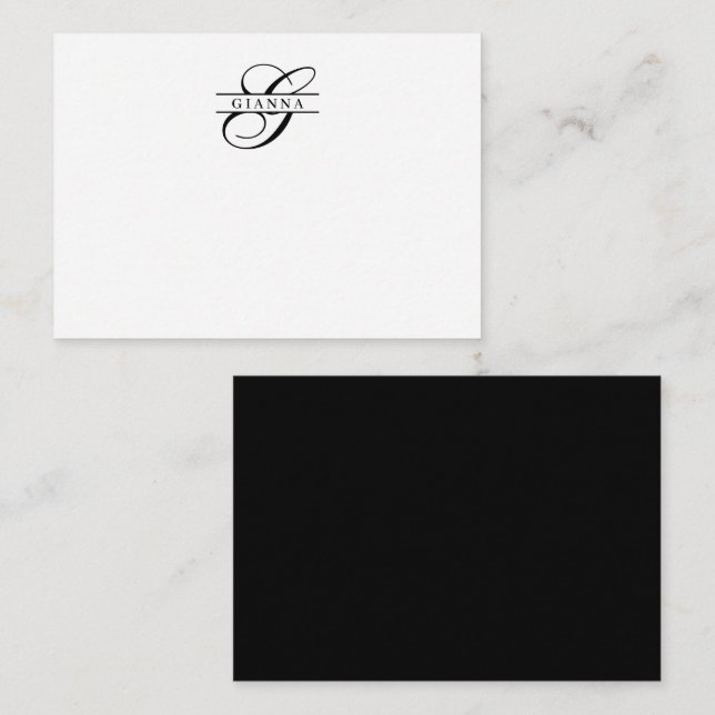 Elegant Black White Calligraphy Split Monogram Card (Front/Back)