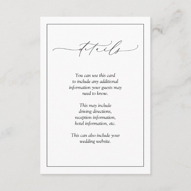 Elegant Black & White Calligraphy Wedding Details Enclosure Card (Front)