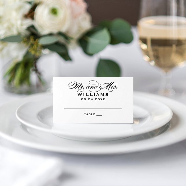 Elegant Black White Calligraphy Wedding Monogram Place Card (Creator Uploaded)