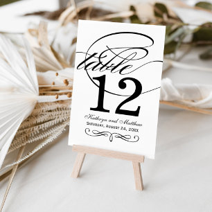 Elegant Black White Calligraphy Wedding Monogram Table Number