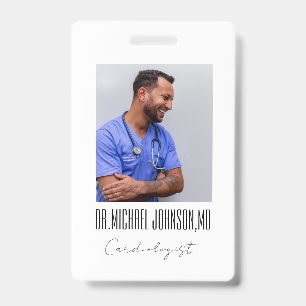 Elegant Black & White Cardiologist Doctor Photo  ID Badge