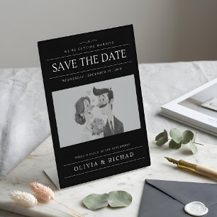 Elegant Black & White Cartoon Couple Wedding  Pedestal Sign