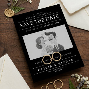 Elegant Black & White Cartoon Couple Wedding Save  Invitation
