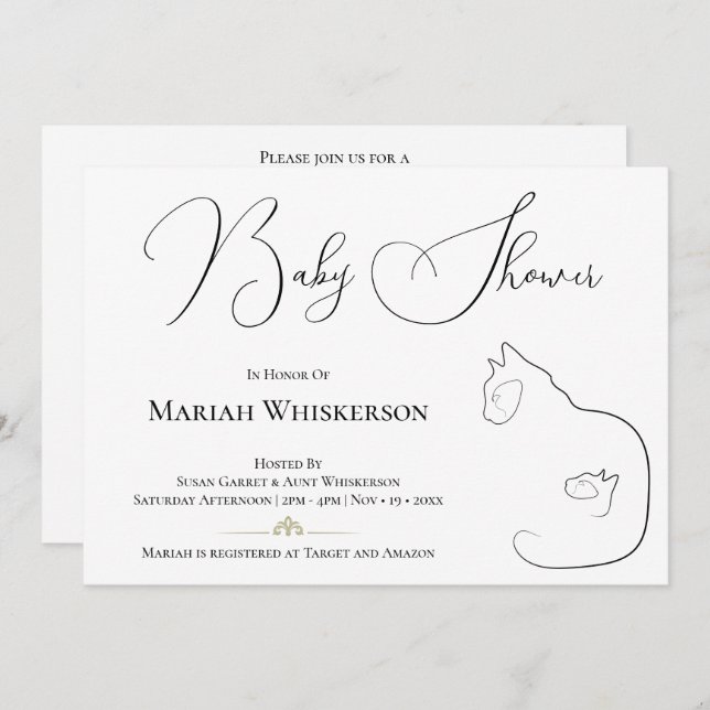 Elegant Black & White Cat Lover Baby Shower Invitation (Front/Back)