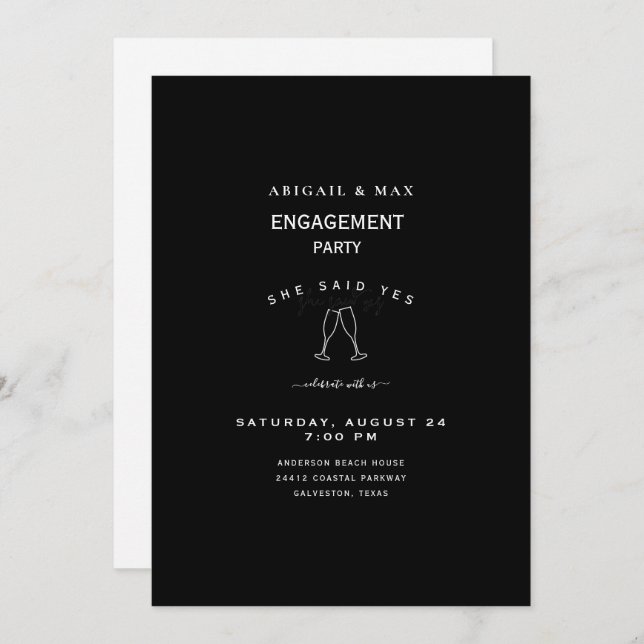 Elegant Black & White Champagne Toast Engagement  Invitation (Front/Back)