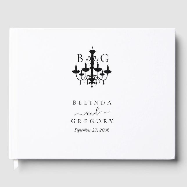 Elegant Black White Chandelier Monogram Wedding Guest Book (Front)