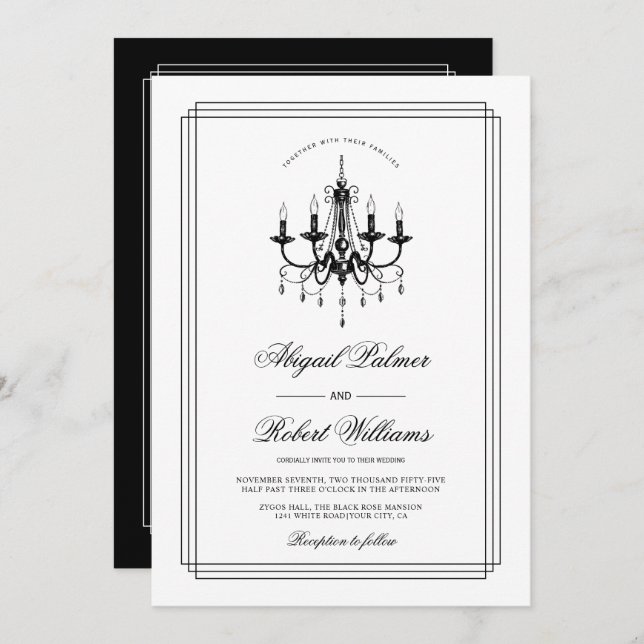 Elegant black, white chandelier Old Money wedding  Invitation (Front/Back)