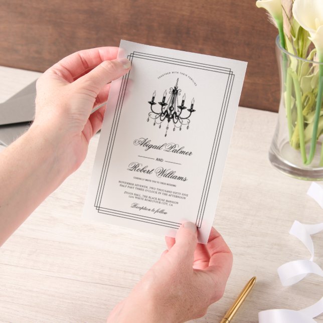Elegant black, white chandelier Old Money wedding  Vellum Invitations (Handheld)