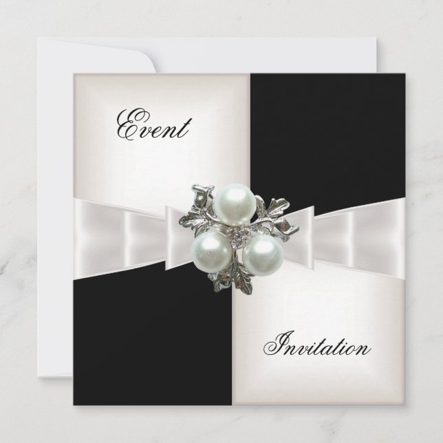 Elegant Black White Check Pearl Jewel Bow Invitation (Front)