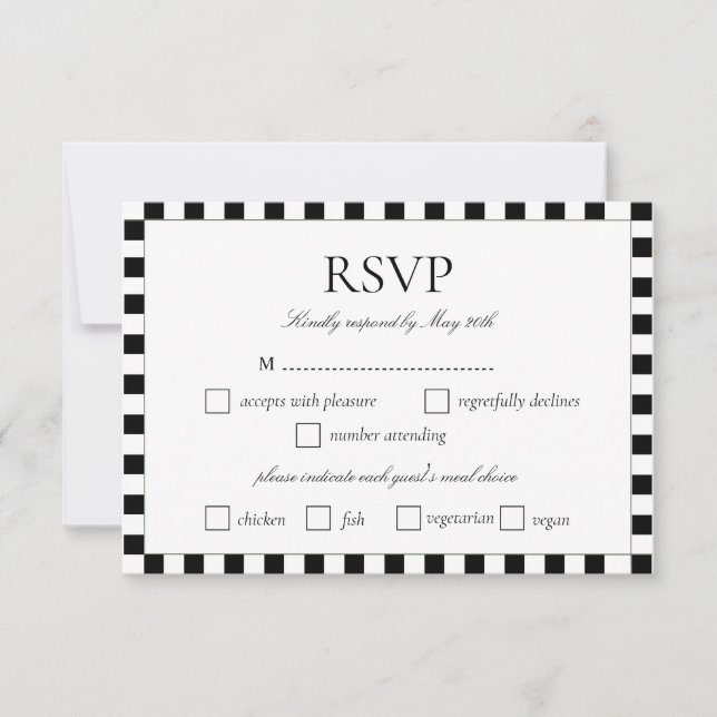 Elegant Black & White Chequerboard Border  RSVP Card (Front)