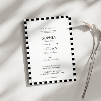 Elegant Black & White Chequerboard Border Wedding Invitation