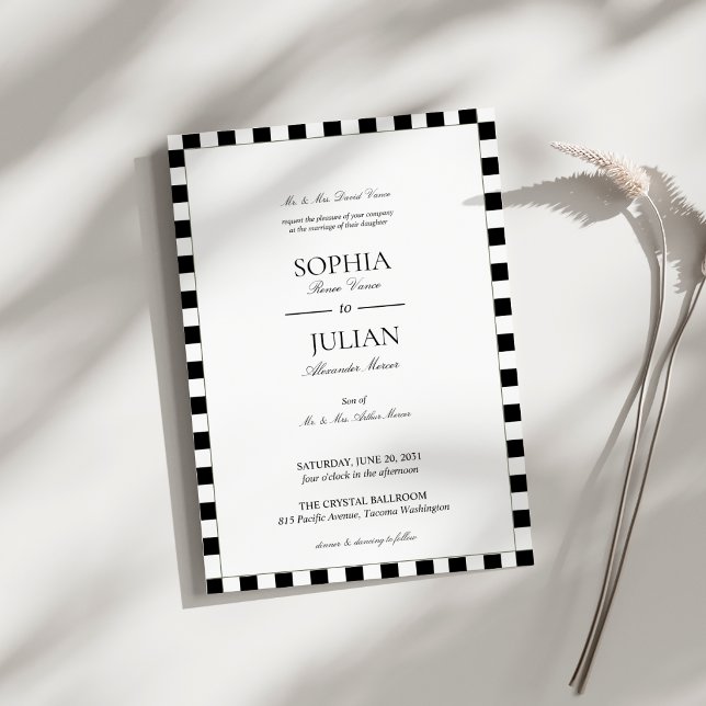Elegant Black & White Chequerboard Border Wedding Invitation (Creator Uploaded)