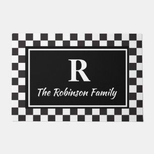 Elegant Black White Chequered Custom Monogram Doormat