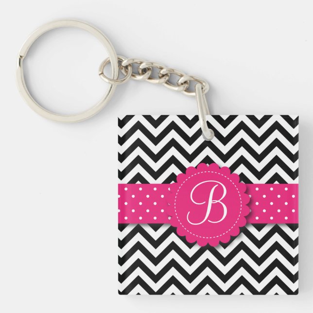 Elegant Black White Chevron Monogram Girly Pink Key Ring (Front)
