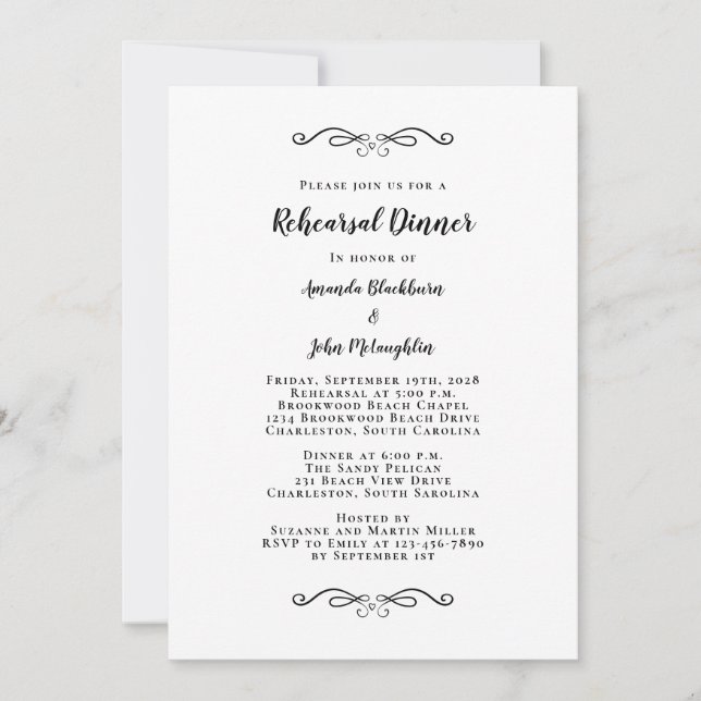 Elegant Black White Chic Wedding Rehearsal Dinner Invitation (Front)