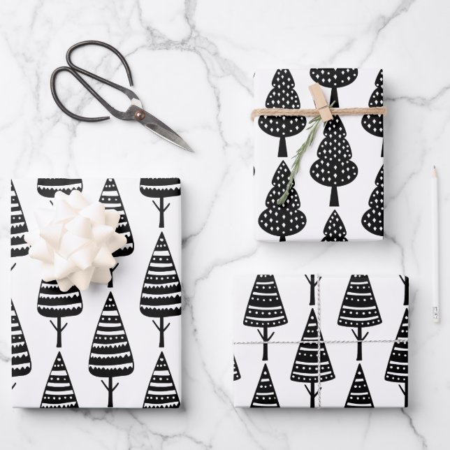 Elegant Black White Christmas Holiday Trees  Wrapping Paper Sheet (Front)