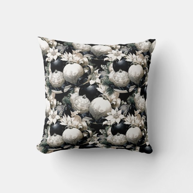 Elegant black white Christmas ornament pattern Cushion (Front)