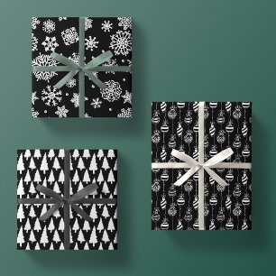 Elegant Black White Christmas Pattern Trio Gift Wrapping Paper Sheet