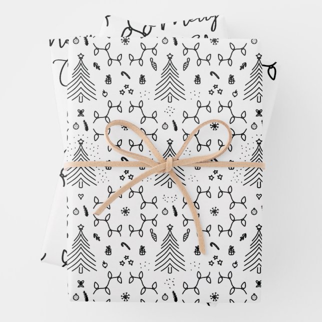 Elegant Black White Christmas Pine Tree Pattern Wrapping Paper Sheet (In situ)