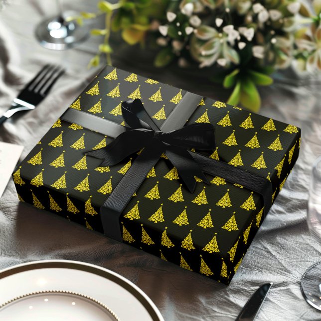 Elegant Black White Christmas Tree Pattern Gift Wrapping Paper Sheet (Christmas tree pattern black wrapping sheet mock up)