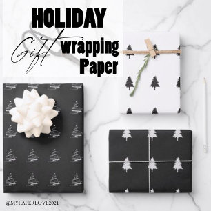 Elegant Black White Christmas Tree Pattern Gift Wrapping Paper Sheet