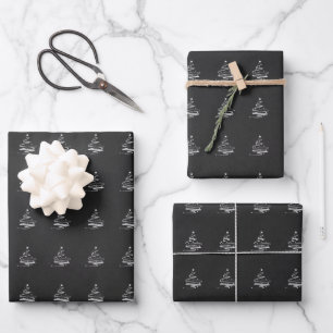 Elegant Black White Christmas Tree Pattern Gift Wrapping Paper Sheet