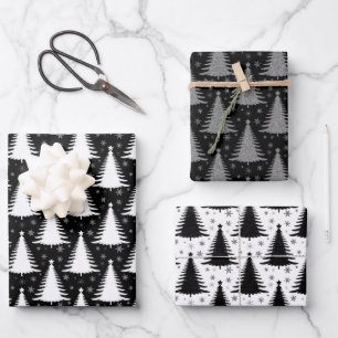 Elegant Black White Christmas Tree Pattern Glitter Wrapping Paper Sheet