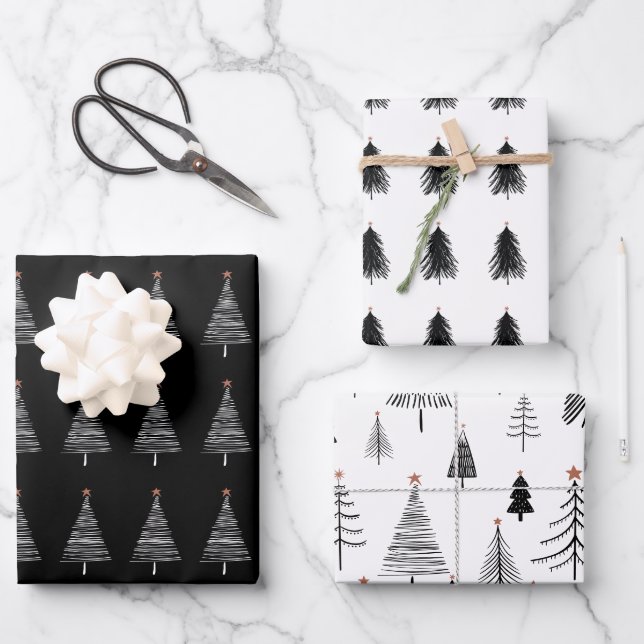 Elegant Black White Christmas Tree Pattern Wrapping Paper Sheet (Front)