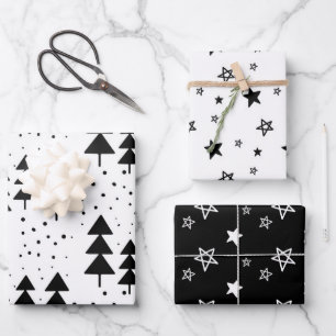 Elegant Black & White Christmas Trees Stars  Wrapping Paper Sheet