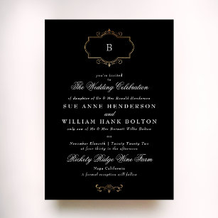 elegant black white classic gold monogram wedding invitation