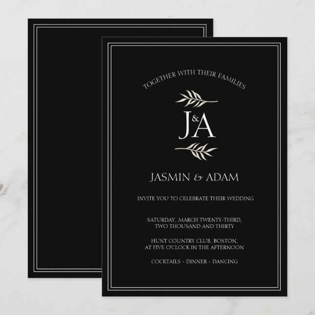 Elegant Black White Classic Initials Wedding  Invitation (Front/Back)