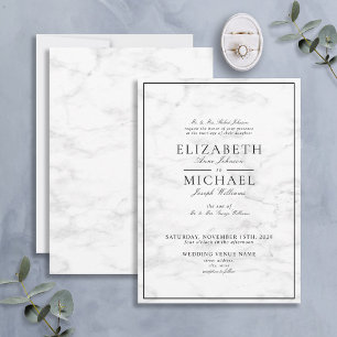 Elegant Black White Classic Marble Script Wedding Invitation