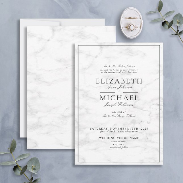 Elegant Black White Classic Marble Script Wedding Invitation (Creator Uploaded)