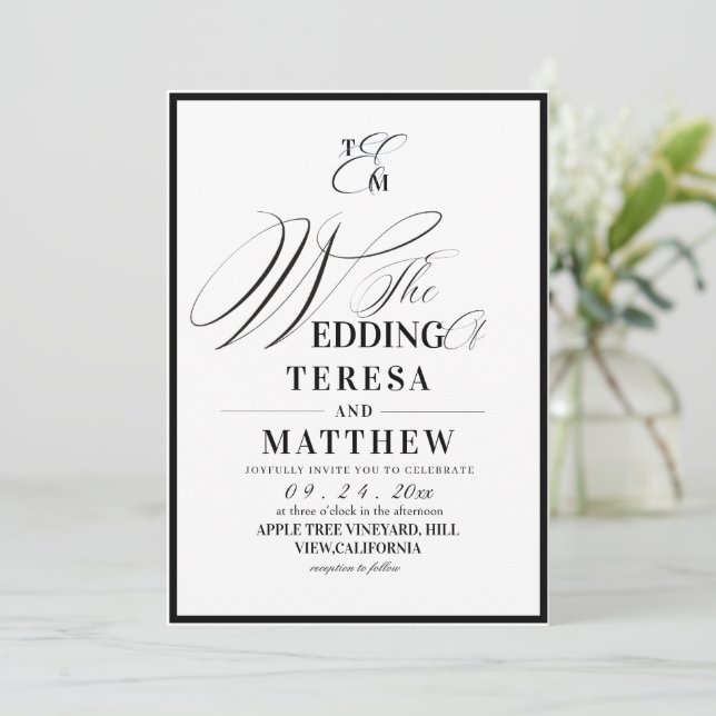 Elegant Black & White Classic Modern Wedding Invitation (Standing Front)