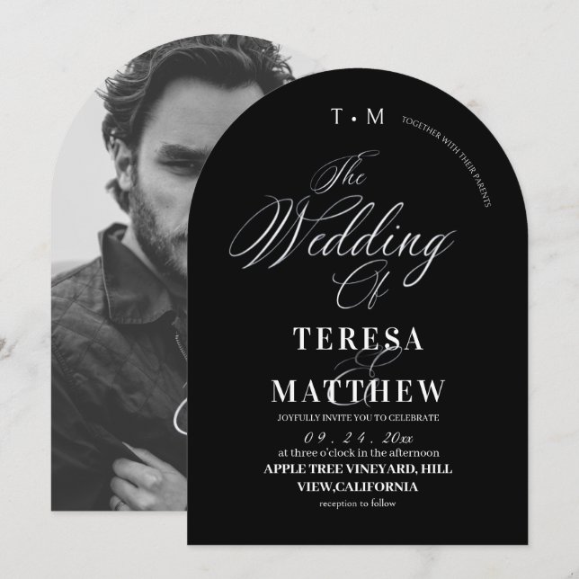 Elegant Black & White Classic Script Wedding Invitation (Front/Back)