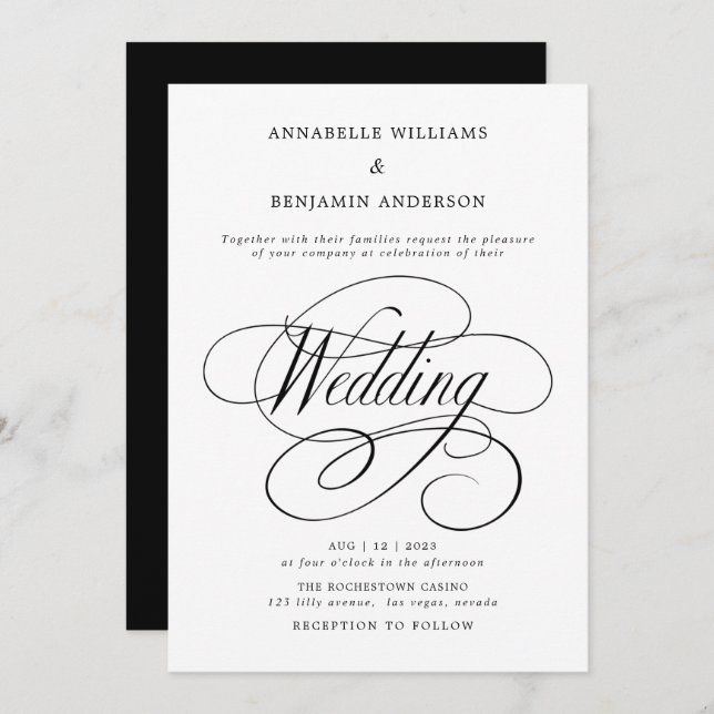 Elegant Black & White Classic Wedding Invitation (Front/Back)
