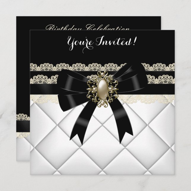 Elegant Black White Cream Pearl Lace Birthday 2 Invitation (Front/Back)