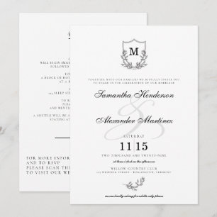 Elegant Black & White Crest Details & QR Wedding Invitation