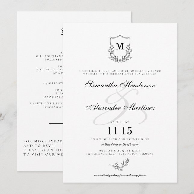 Elegant Black & White Crest Details & QR Wedding Invitation (Front/Back)