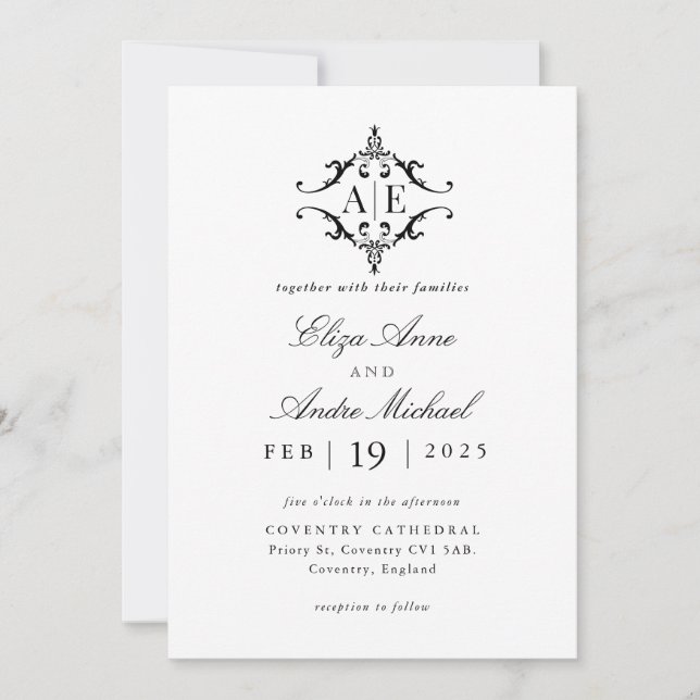 Elegant Black & White Crest Monogram Wedding  Invitation (Front)