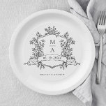 Elegant Black & White Crest Monogram Wedding Paper Plate<br><div class="desc">Classic black and white floral crest wedding paper plate with monograms,  perfect for a modern classic or romantic vintage wedding. For more advanced customisation of this design,  please click the BLUE DESIGN TOOL BUTTON above! Matching items are also available.</div>