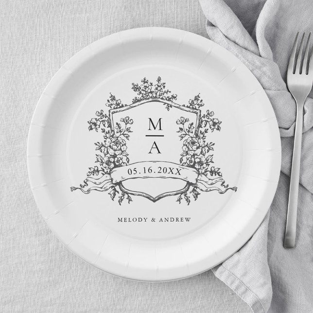 Elegant Black & White Crest Monogram Wedding Paper Plate (Creator Uploaded)