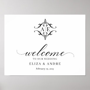 Elegant Black & White Crest Monogram Wedding Poster