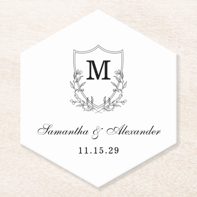 Elegant Black & White Crest Paper Coaster (Front)