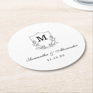Elegant Black & White Crest Round Paper Coaster